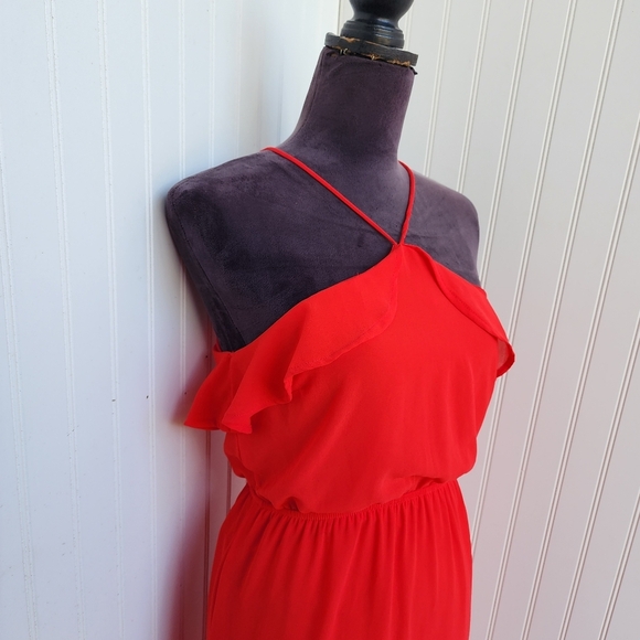 Monteau Fit & Flare Dress Women's Red Ruffled Spaghetti Straps Halter Neck Sz S - Picture 3 of 13